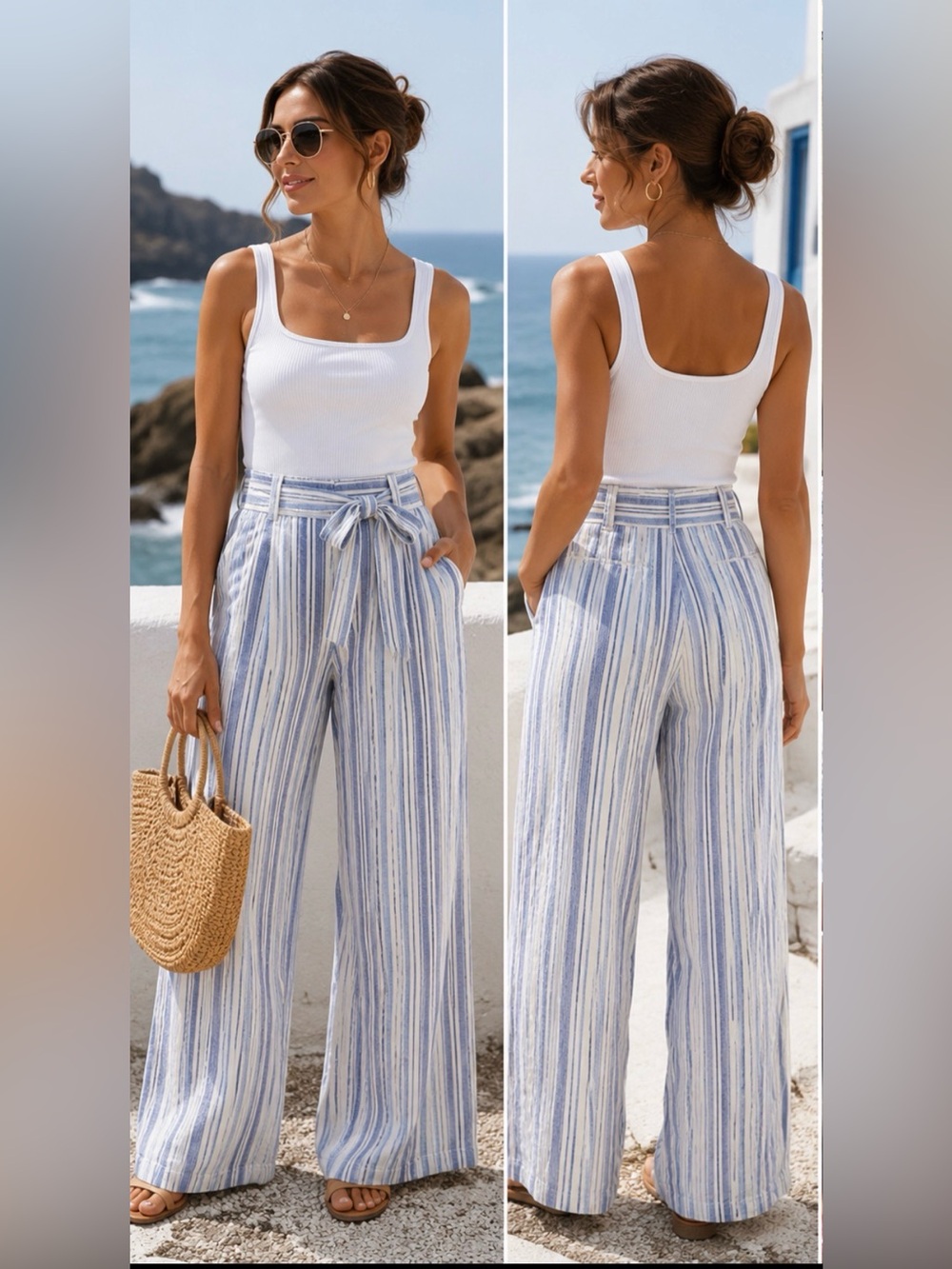 NWT GAP Linen Blend Blue White Stripe Wide Leg Tie Waist Pants Size 6